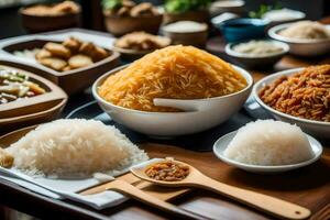 various bowls of rice and other dishes on a table. AI-Generated photo