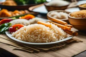 a plate of rice with vegetables and other foods. AI-Generated photo