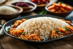 rice and vegetables in a bowl on a wooden table. AI-Generated photo