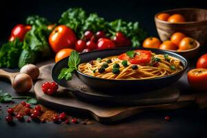 spaghetti with tomatoes and herbs in a black bowl on a dark table. AI-Generated photo