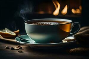 a cup of tea in front of a fireplace. AI-Generated photo