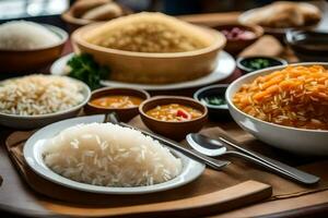 un mesa con bochas de arroz, vegetales y otro alimento. generado por ai foto