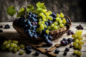 grapes in a basket on a wooden table. AI-Generated photo