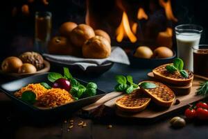 foods on a table with a fire. AI-Generated photo