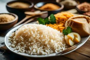 a plate of rice, vegetables and spices on a wooden table. AI-Generated photo