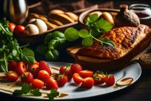 the food is served on a plate with bread, strawberries and other ingredients. AI-Generated photo