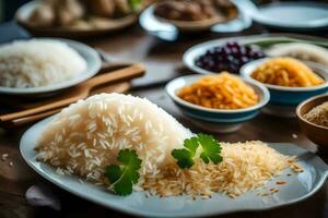 a table with bowls of rice, spices and other ingredients. AI-Generated photo