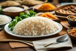 various types of rice on a wooden table. AI-Generated photo
