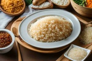 various types of rice in bowls and bowls. AI-Generated photo