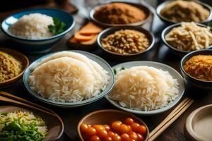 a table with bowls of rice, vegetables and other foods. AI-Generated photo