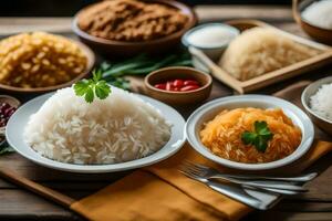 various types of rice and other ingredients on a wooden table. AI-Generated photo
