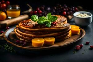 pancakes with fruit and cheese on a wooden plate. AI-Generated photo