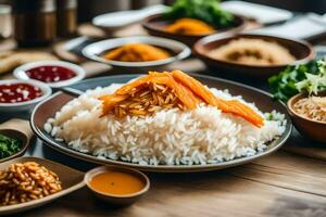 rice with vegetables and spices on a wooden table. AI-Generated photo