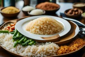a plate of rice, vegetables and other ingredients. AI-Generated photo