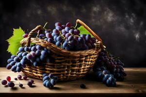 grapes in a basket on a wooden table. AI-Generated photo