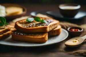 toast with butter and jam on a plate. AI-Generated photo