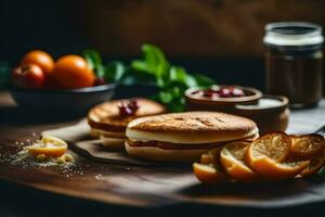 a sandwich with oranges and a jar of jam. AI-Generated photo