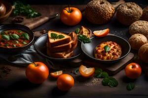 a table with bread, tomatoes, and other food. AI-Generated photo