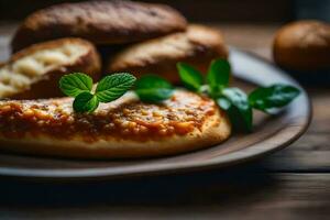 un plato con un pan y queso en él. generado por ai foto