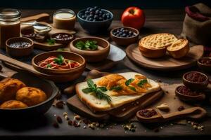 various foods are arranged on a wooden table. AI-Generated photo