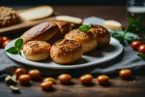 buns on a plate with tomatoes and bread. AI-Generated photo