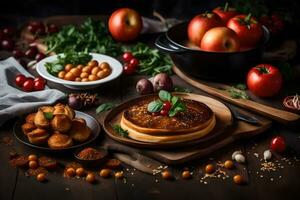 panqueques, Tomates, y otro ingredientes en un mesa. generado por ai foto