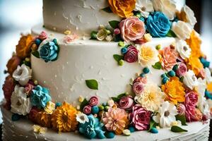 a wedding cake with colorful flowers on top. AI-Generated photo