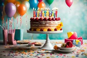 cumpleaños pastel con velas en cima. generado por ai foto