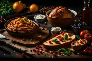 various types of bread, vegetables and fruit on a table. AI-Generated photo