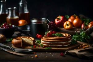 pancakes on a wooden board with fruit and vegetables. AI-Generated photo