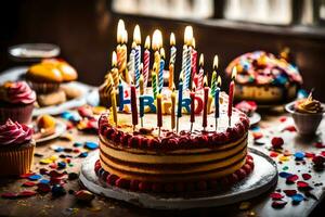un cumpleaños pastel con velas en él. generado por ai foto