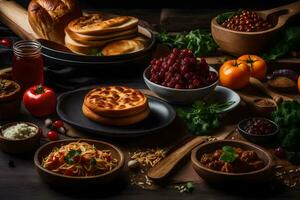 various types of food on a wooden table. AI-Generated photo