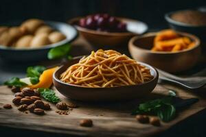 espaguetis en un cuenco con nueces y vegetales. generado por ai foto