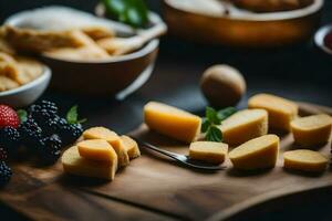 cheese and fruit on a cutting board. AI-Generated photo
