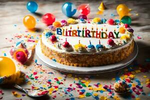 birthday cake with candles and confetti on wooden table. AI-Generated photo