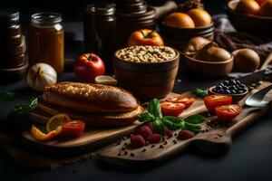 comidas en un de madera tablero con pan, Fruta y vegetales. generado por ai foto