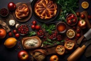 various types of food on a black background. AI-Generated photo