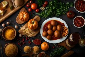 various ingredients for cooking on a black background. AI-Generated photo