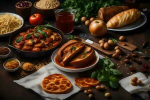 a variety of food is shown on a table. AI-Generated photo