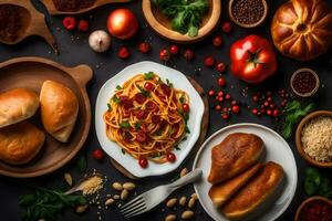 italiano comida con pasta, pan, Tomates, albahaca, y otro ingredientes. generado por ai foto