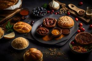 a variety of food items on a black table. AI-Generated photo