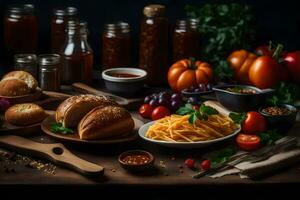 varios ingredientes para un comida en un de madera mesa. generado por ai foto