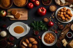 a variety of foods are arranged on a table. AI-Generated photo