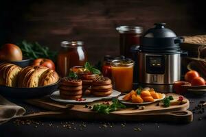 desayuno comidas en un de madera mesa. generado por ai foto