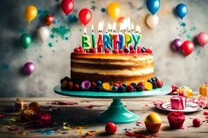 a birthday cake with candles on top and balloons. AI-Generated photo