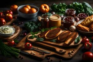 foods on a wooden cutting board. AI-Generated photo