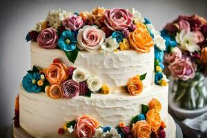 a wedding cake with colorful flowers. AI-Generated photo