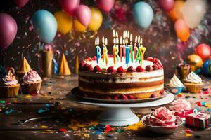 birthday cake with candles on top and confetti. AI-Generated photo