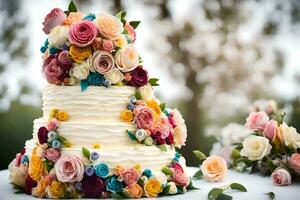 a wedding cake with colorful flowers on top. AI-Generated photo