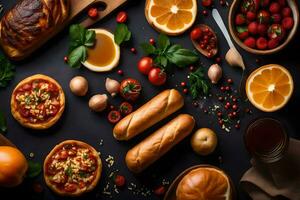 various foods including pizza, bread, and other ingredients. AI-Generated photo